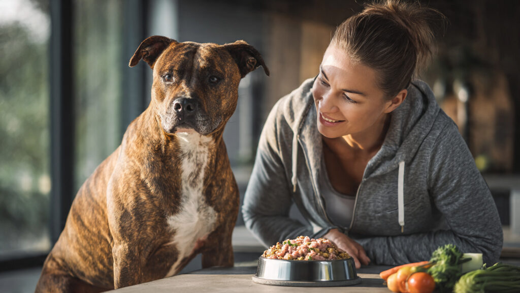 Staffordshire Bull Terrier musclé alimentation équilibrée besoins énergétiques Forever Dog Training Paris